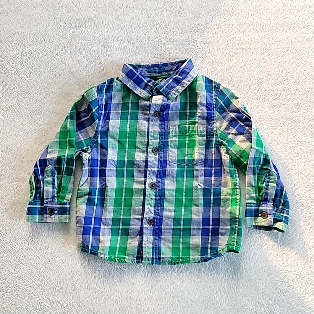 18m blue green plaid button down dress shirt